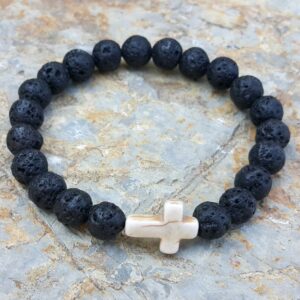 Men's Sideways Cross Bracelet with Lava Stone