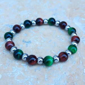 Green & Red Tiger's Eye Bracelet with Silver Hematite